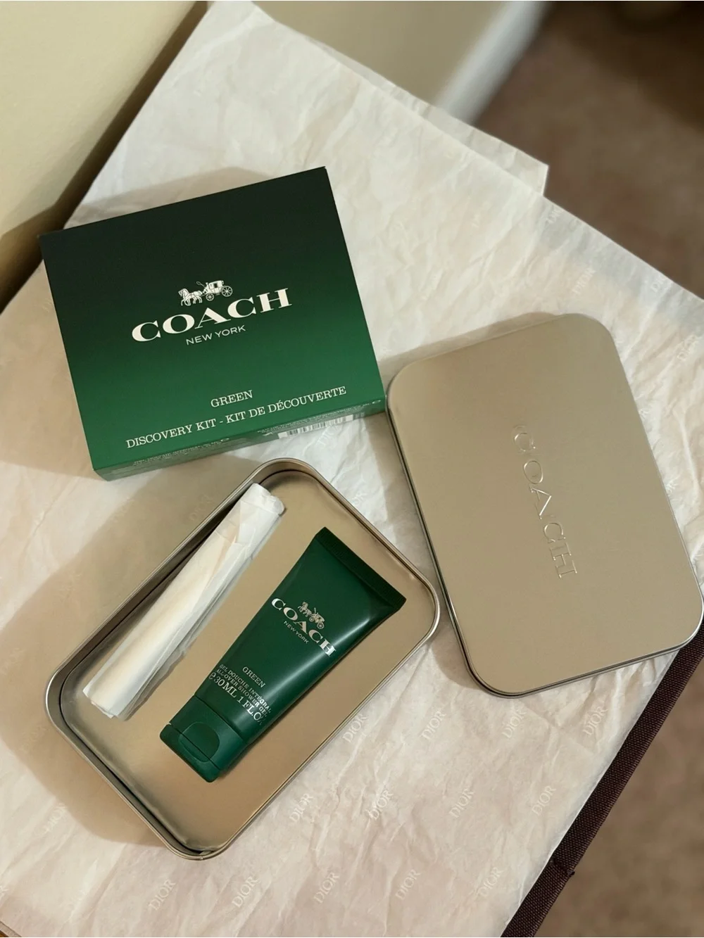 COACH Green Travel Bath & Body Set with Silver Tin